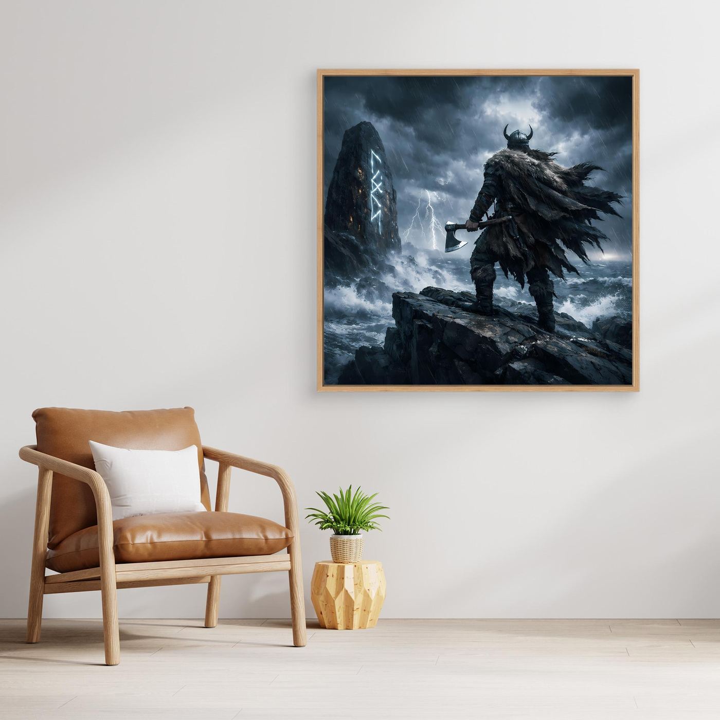 Leinwand Mystischer Wikinger am Runenstein | Abstraktes Nordisches Gewitter Wandbild