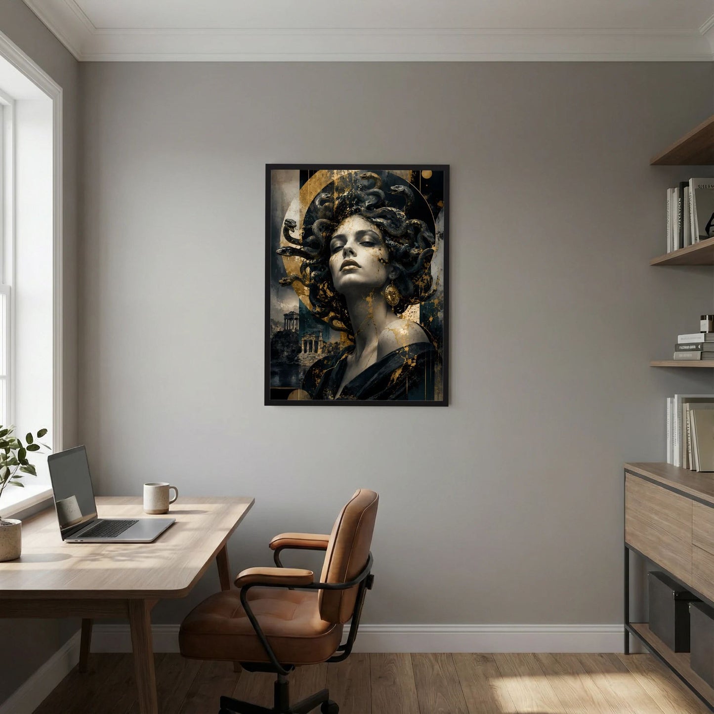 Hochformatiges Wandposter: klassisches Frauengesicht mit Schlangenhaaren in Schwarz und Gold.