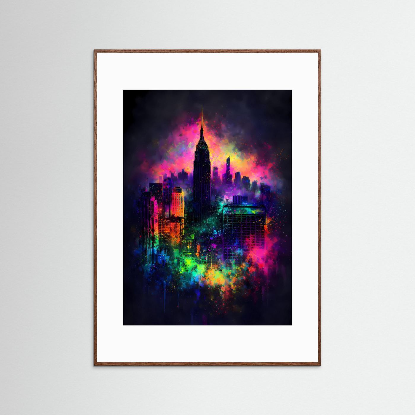 Magische Metropole | Abstraktes New York Skyline Poster in Regenbogen-Neonfarben | Modernes Kunstposter Hochformat