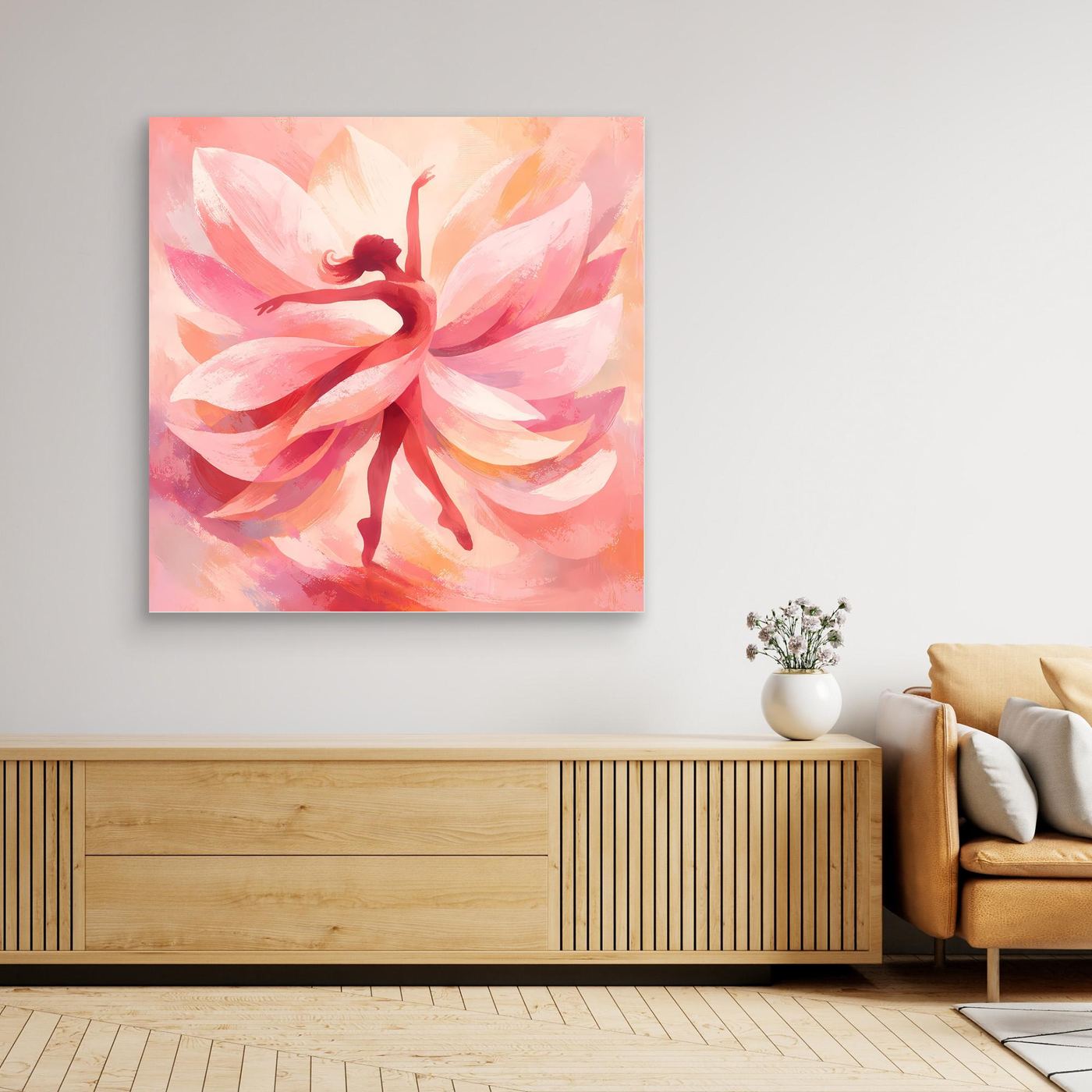 Quadratisches Leinwandbild mit rosa Blütenmotiv und Tänzerin-Silhouette.