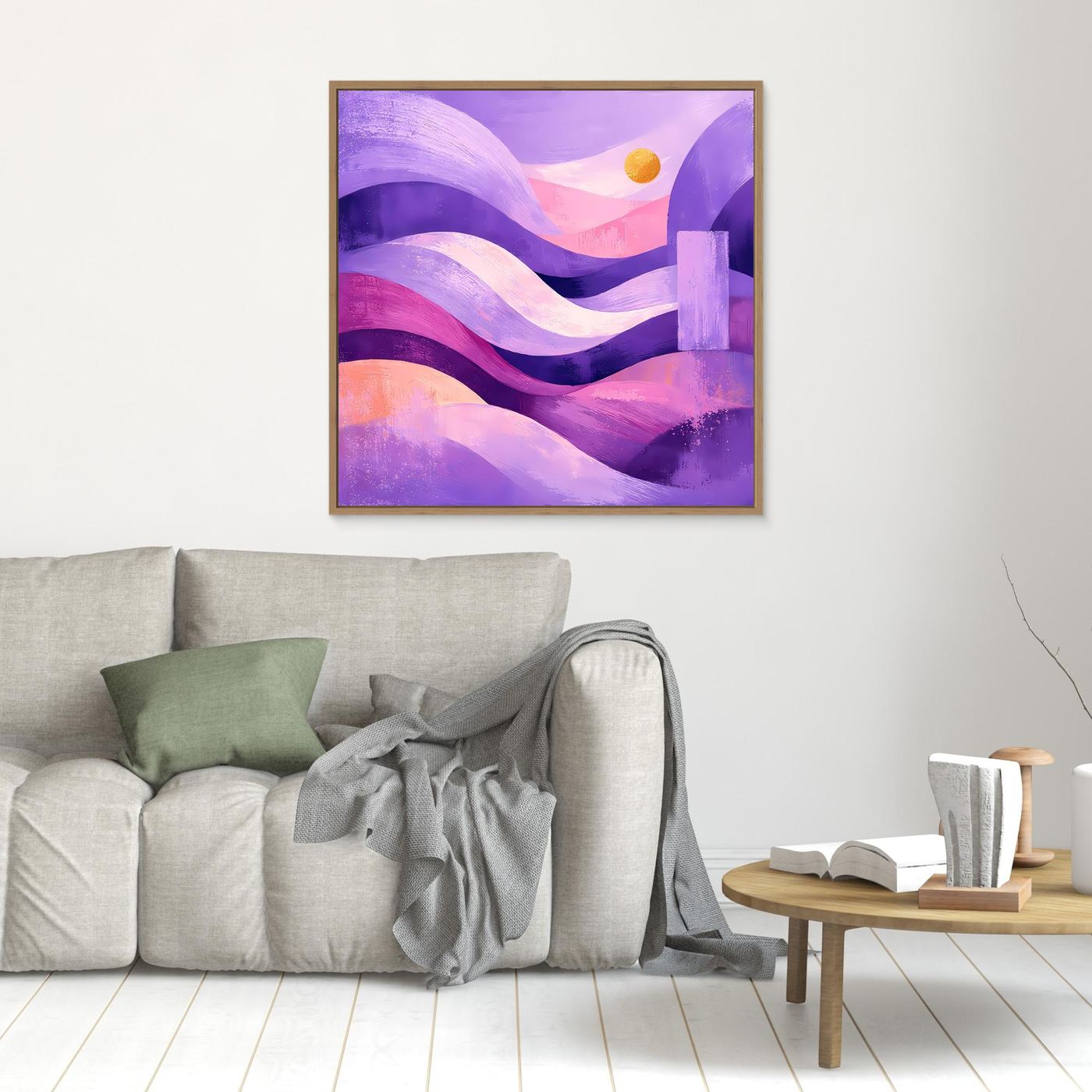 Leinwand-Wandbild mit abstrakten Dünenwellen in Lila und Pink, Gelbmond, goldbrauner Rahmen