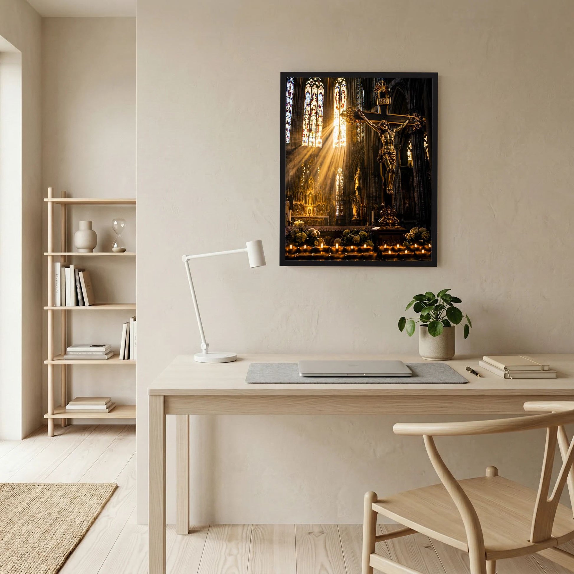 Hochformat-Poster mit Kruzifix und Kerzenarrangement, Lichtstrahlen durch die Fenster