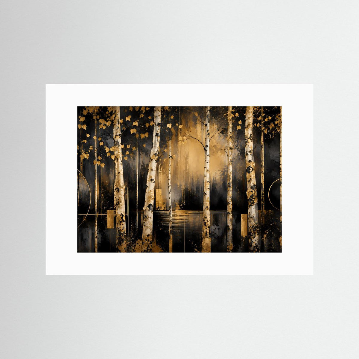 Poster im Querformat mit Birkenwald und goldenen Blättern, ohne Rahmen, mit weißem Rand.