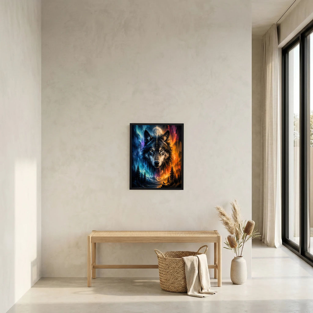Gerahmtes Wolfsposter an der Wand: zwei Wölfe mit Mond und Wald