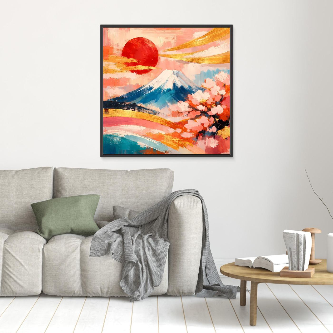 Kleines Leinwandbild vom Fuji mit Kirschtblüten, abstrakte Pinseloptik, schwarz gerahmt