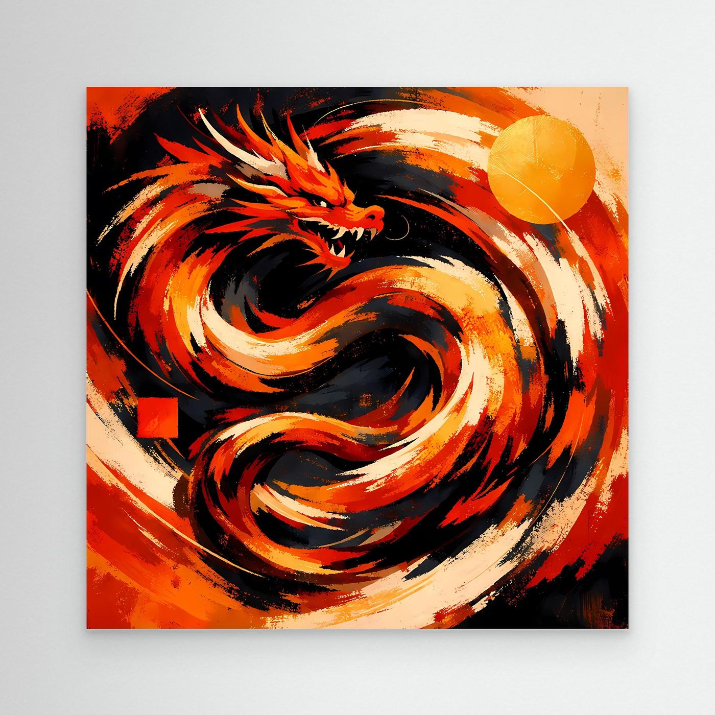 Abstraktes Drachen-Wandbild ohne Rahmen mit rotem, schwarzem und beigem Wirbel