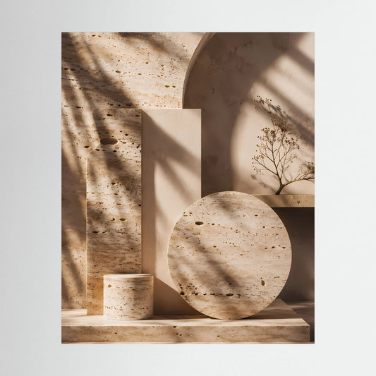 Beiges abstraktes Architektur-Poster (Hochformat) mit Kreisscheibe und Naturzweig