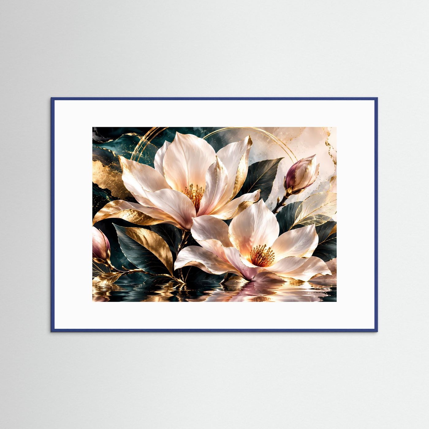 Magnolienblüten Poster | Elegante Botanische Wandkunst | Weiße Magnolie mit Gold | Luxuriöse Blumen Leinwand | Moderne Floral Art