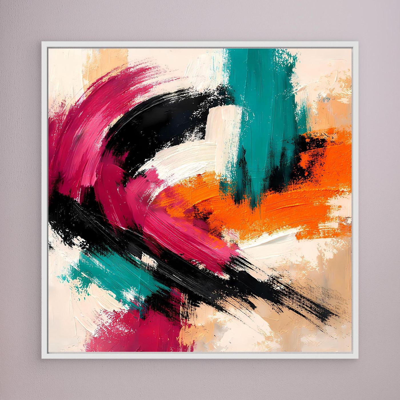 Wandbild mit abstrakten Pinselstrichen in Pink, Türkis und Orange, weißer Rahmen
