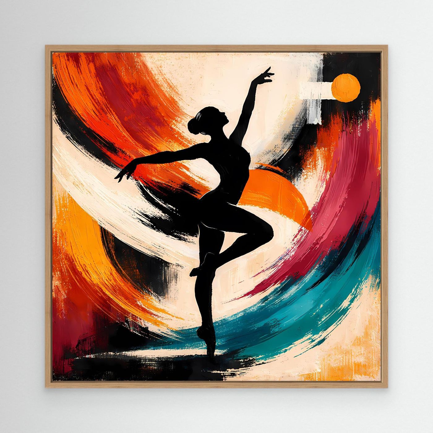 Abstraktes Leinwandbild mit schwarzer Ballerina im Sprung, bunte Pinselwirbel, Eichenrahmen