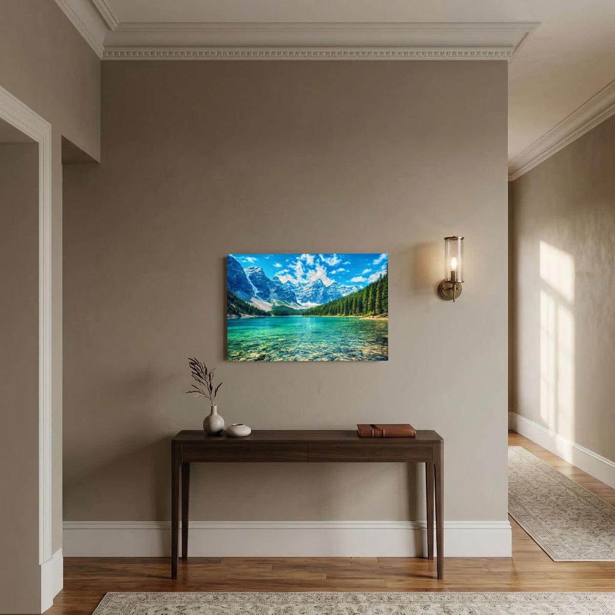 Wandbild im Querformat mit türkisgrünem See und hohen Bergen, Landschaftsmotiv