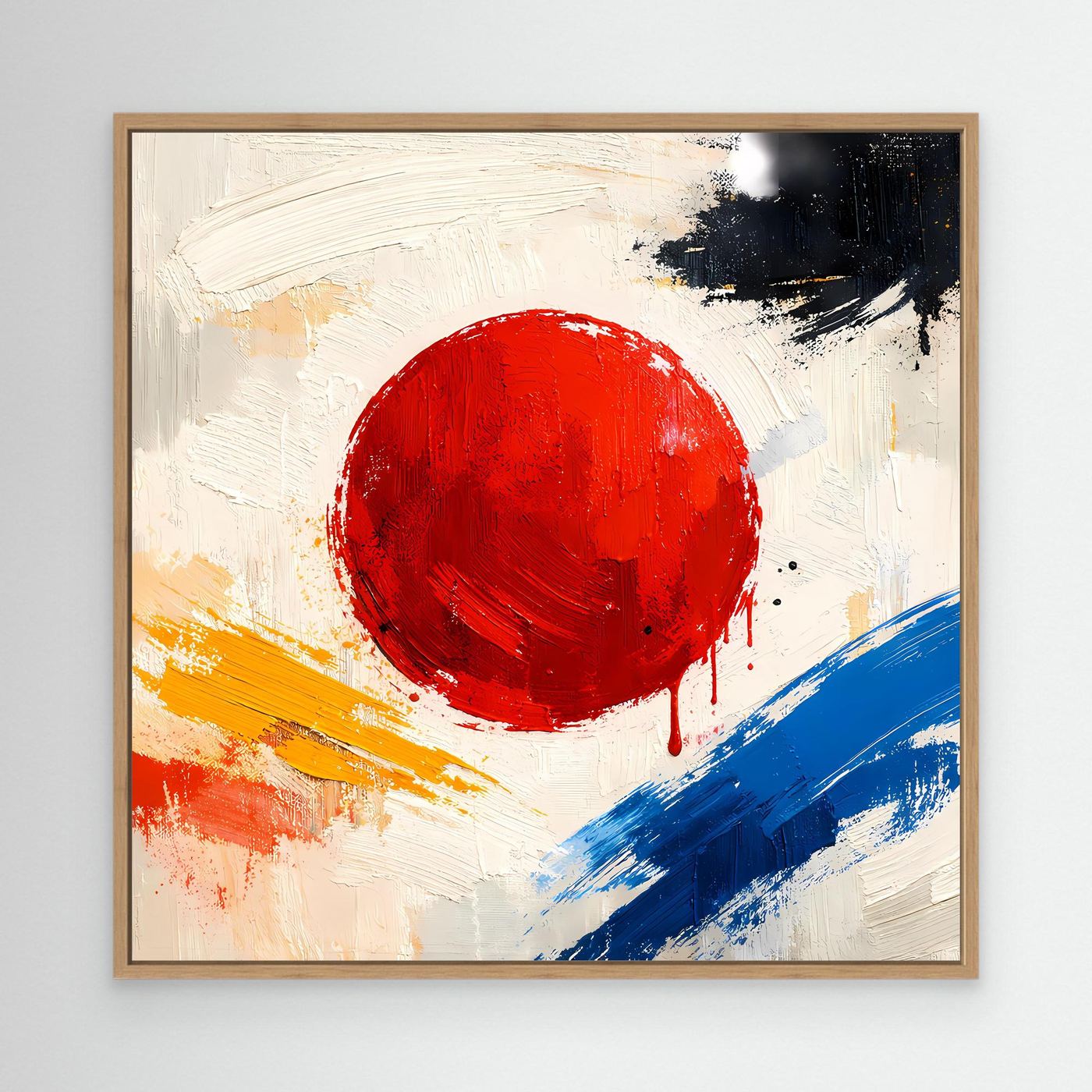 Abstract canvas wall art in an oak frame with large red circle, blue diagonals, black paint marks