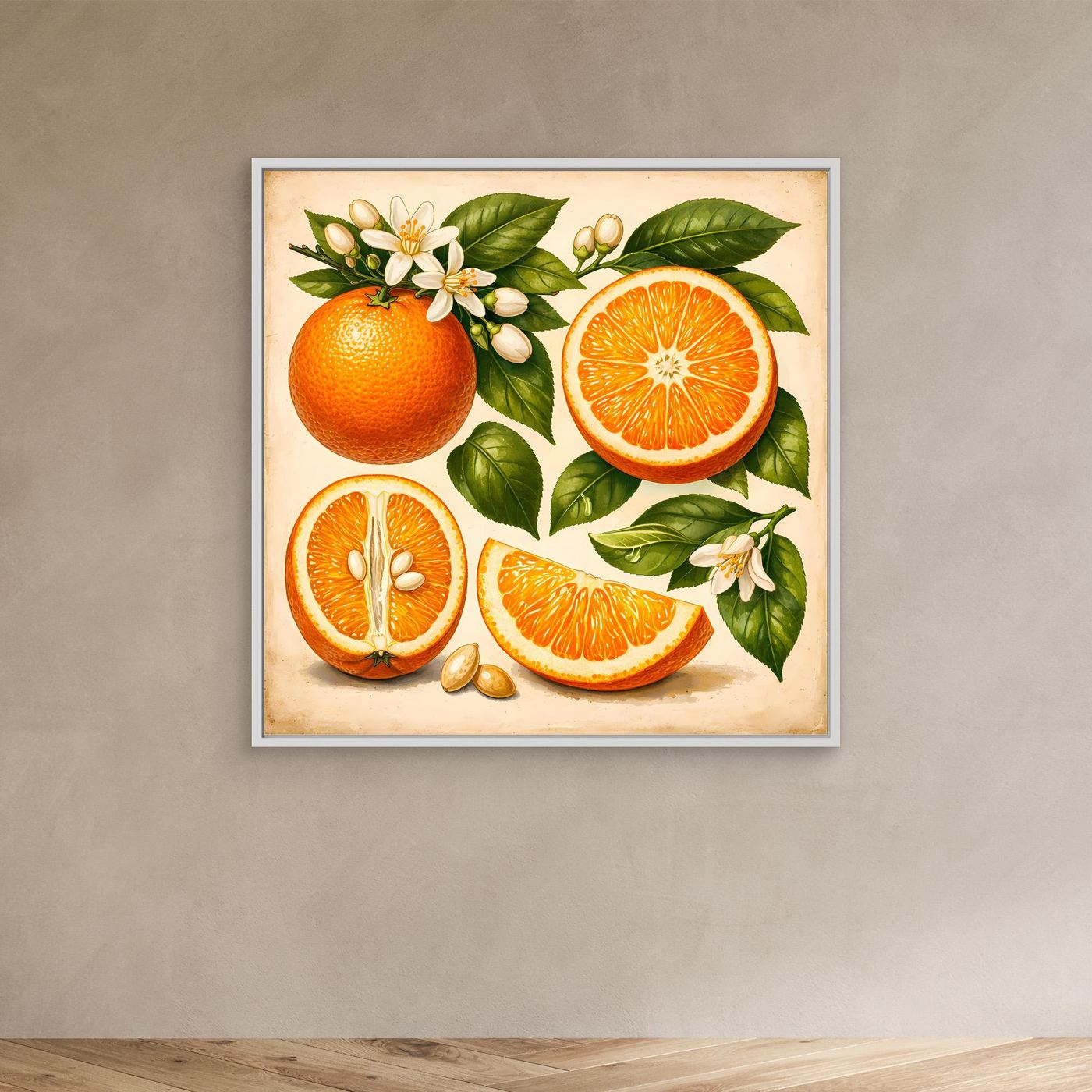 Gerahmtes Leinwandbild mit Orangen, Blättern und weißen Blüten, helles Rahmenprofil