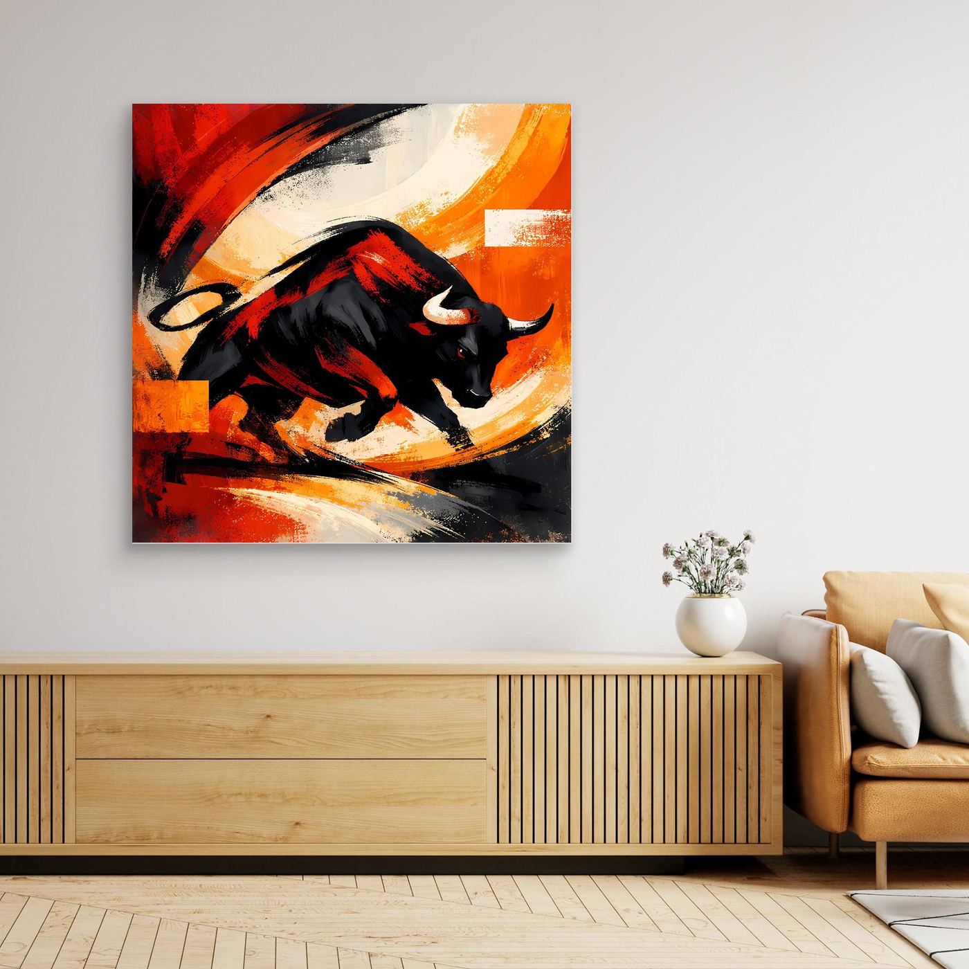 Gerahmtes Leinwandbild mit abstraktem Stier, rotes-orange Wirbel-Design und Schwarz
