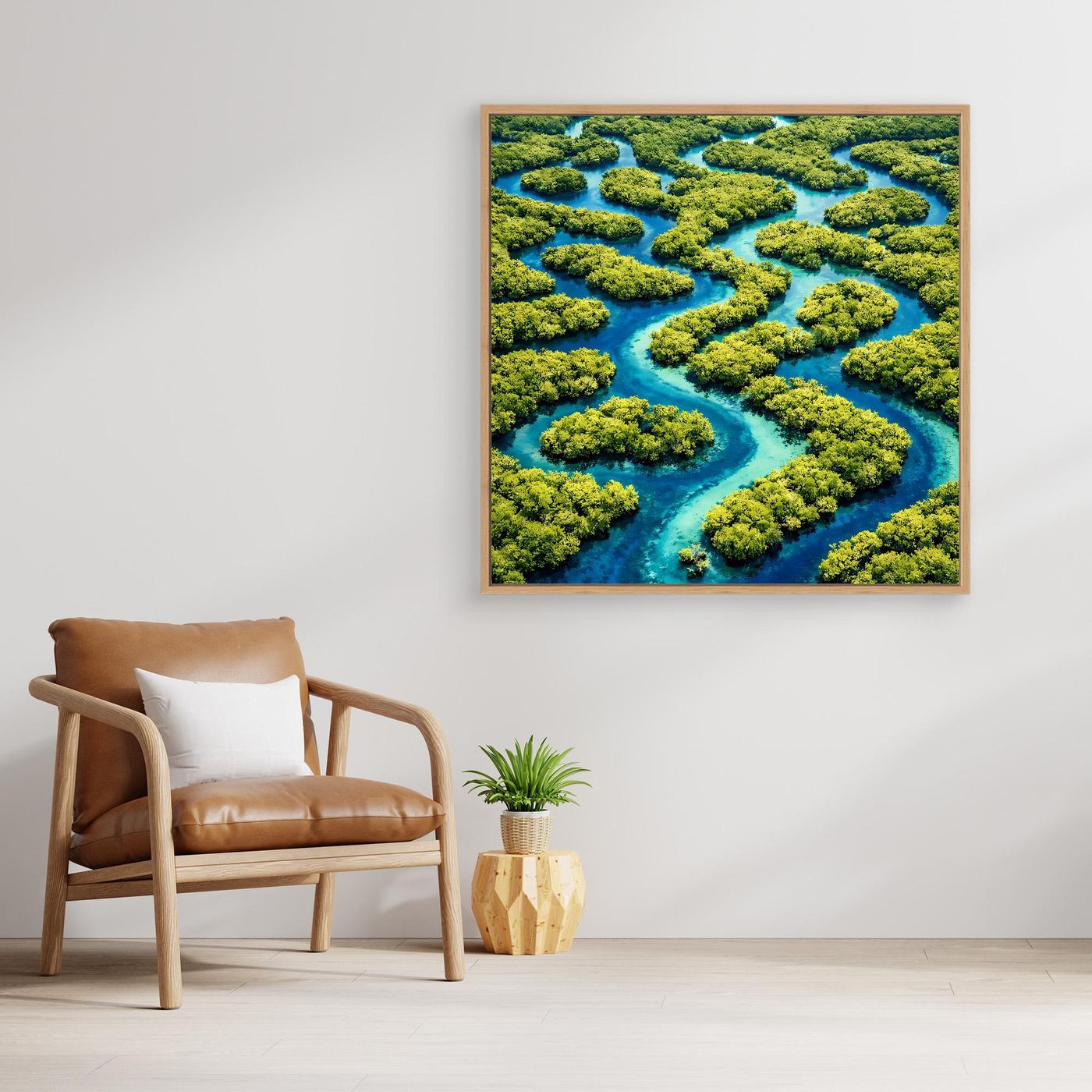 Gerahmtes Leinwandbild: grünes Wasserlabyrinth mit blauen Flussarmen, abstrakte Naturoptik