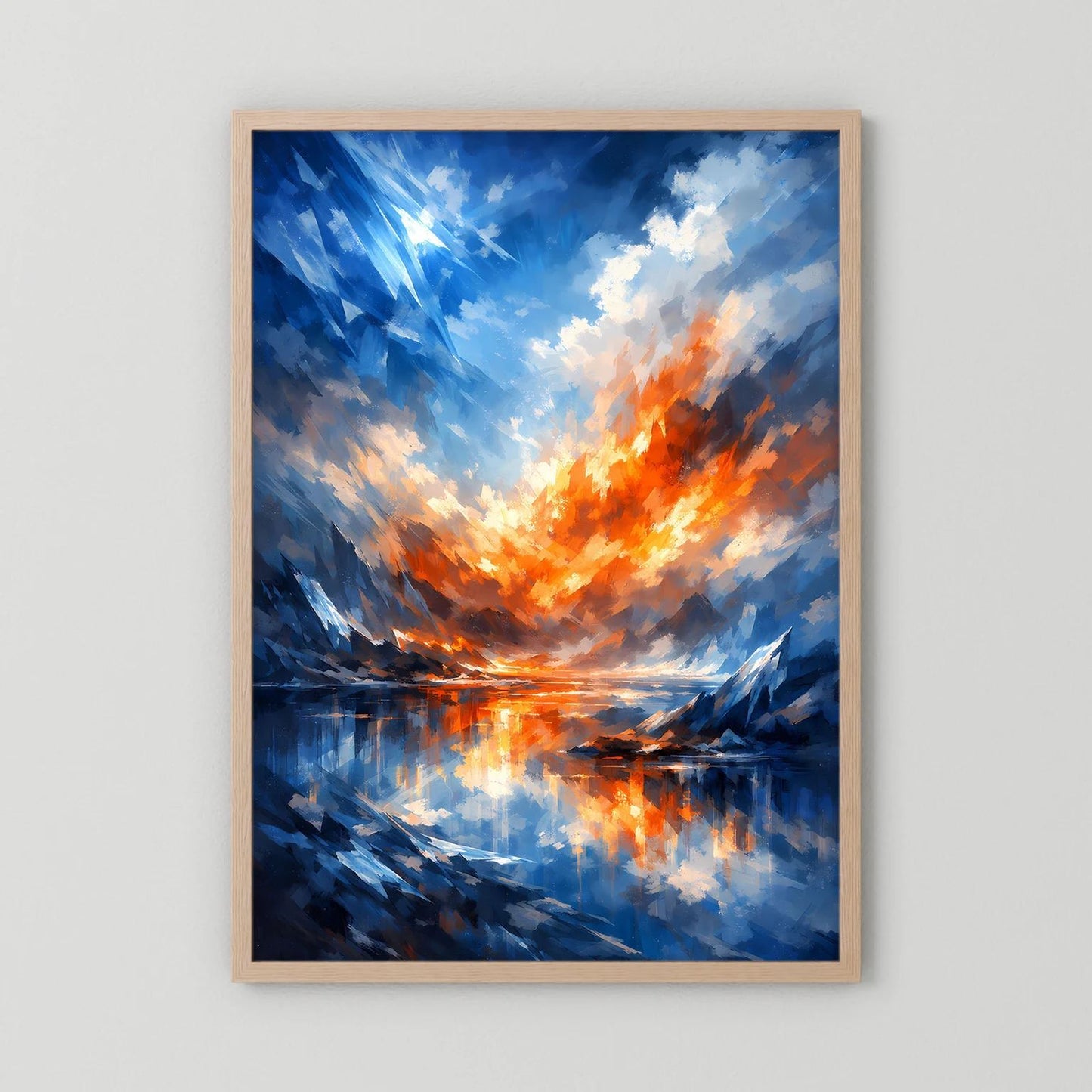 Hochformat-Poster mit abstrakter Landschaft in Blau und Orange, im Holzrahmen (Eiche) ohne Rand.