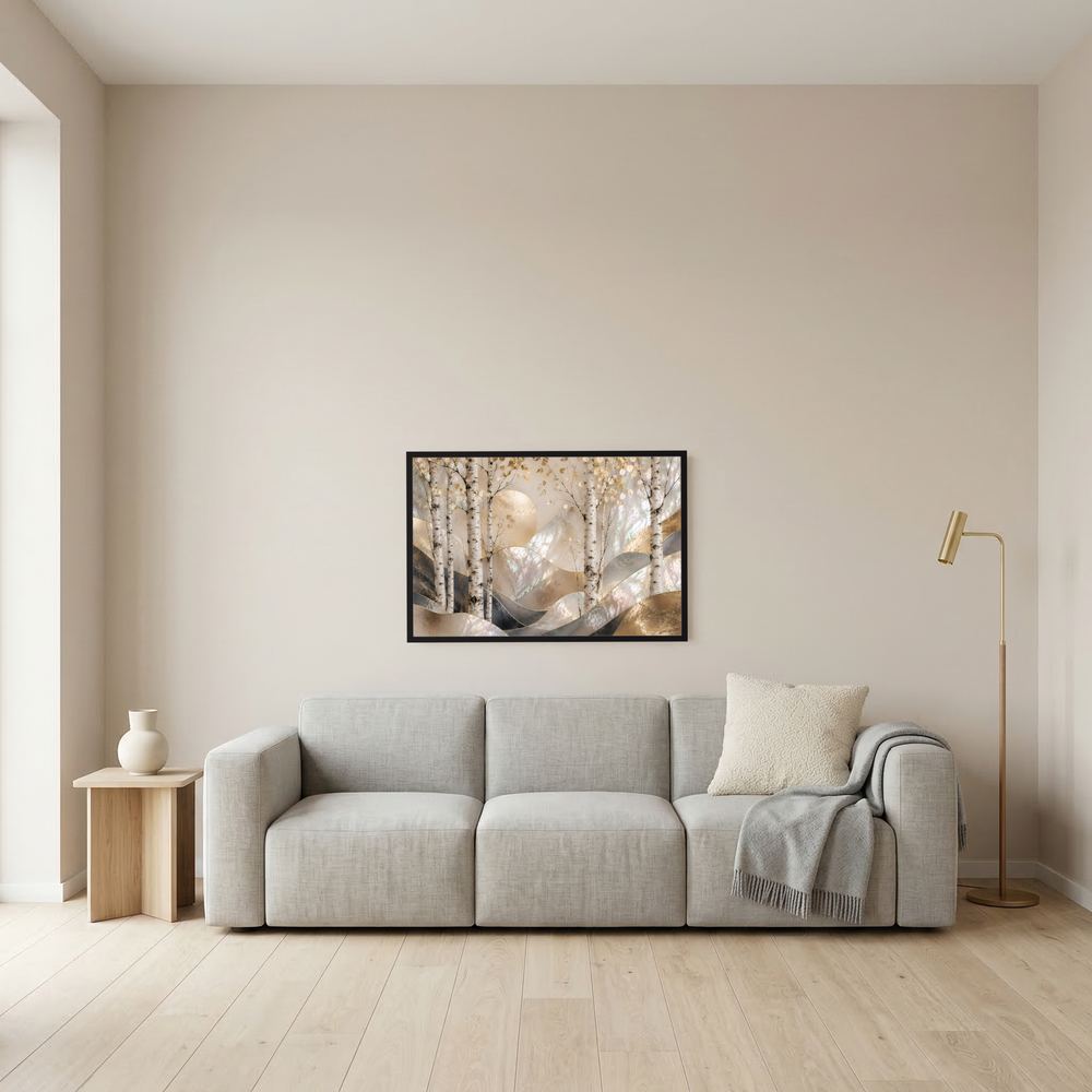 Gerahmtes Poster im Querformat mit Birkenwaldmotiv, Perlmutt und Gold; dunkler Rahmen