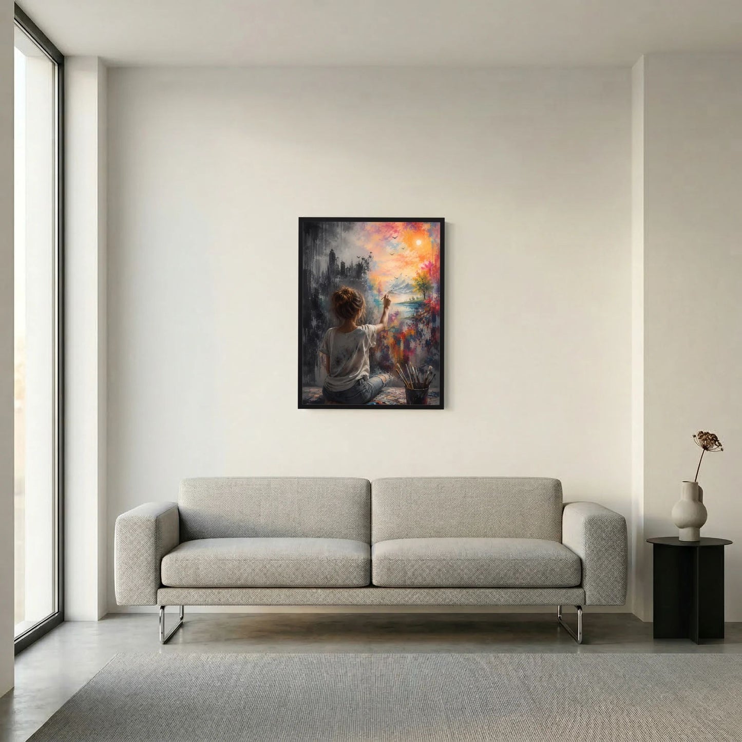 Hochformatiges Poster mit Frau von hinten, Stadtansicht und Natur, pastell-orangefarbener Himmel