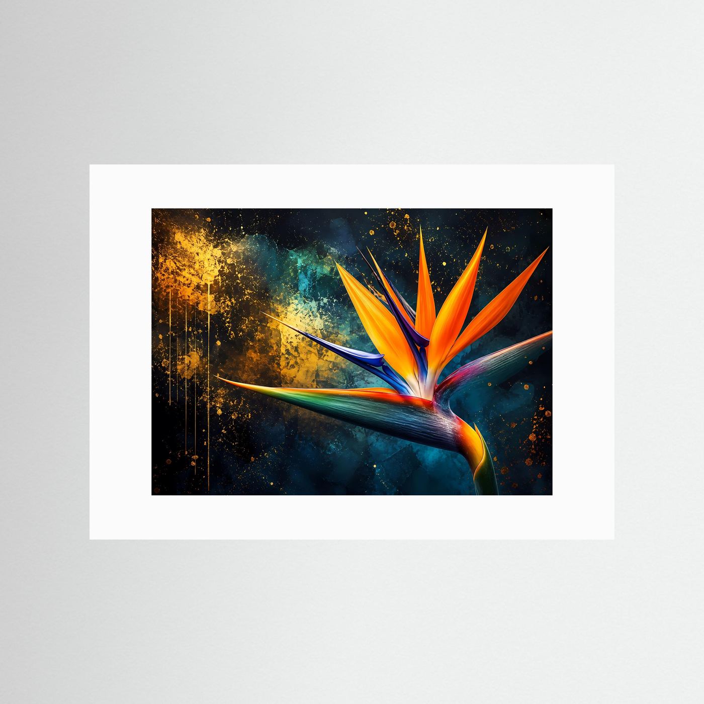 Strelitzie Poster | Paradiesvogelblume Wandbild Modern | Exotische Blume mit Gold und Dunklem Hintergrund