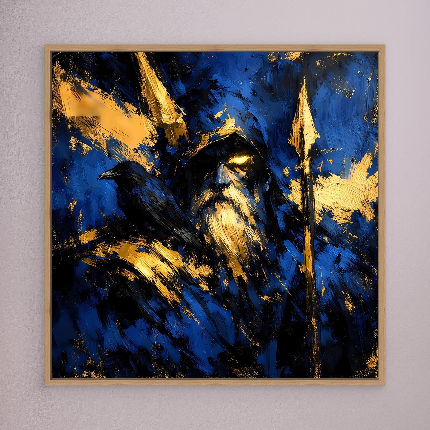 Leinwand Odin der Allvater in Blau und Gold | Modernes Nordische Mythologie Wandbild mit Rabe