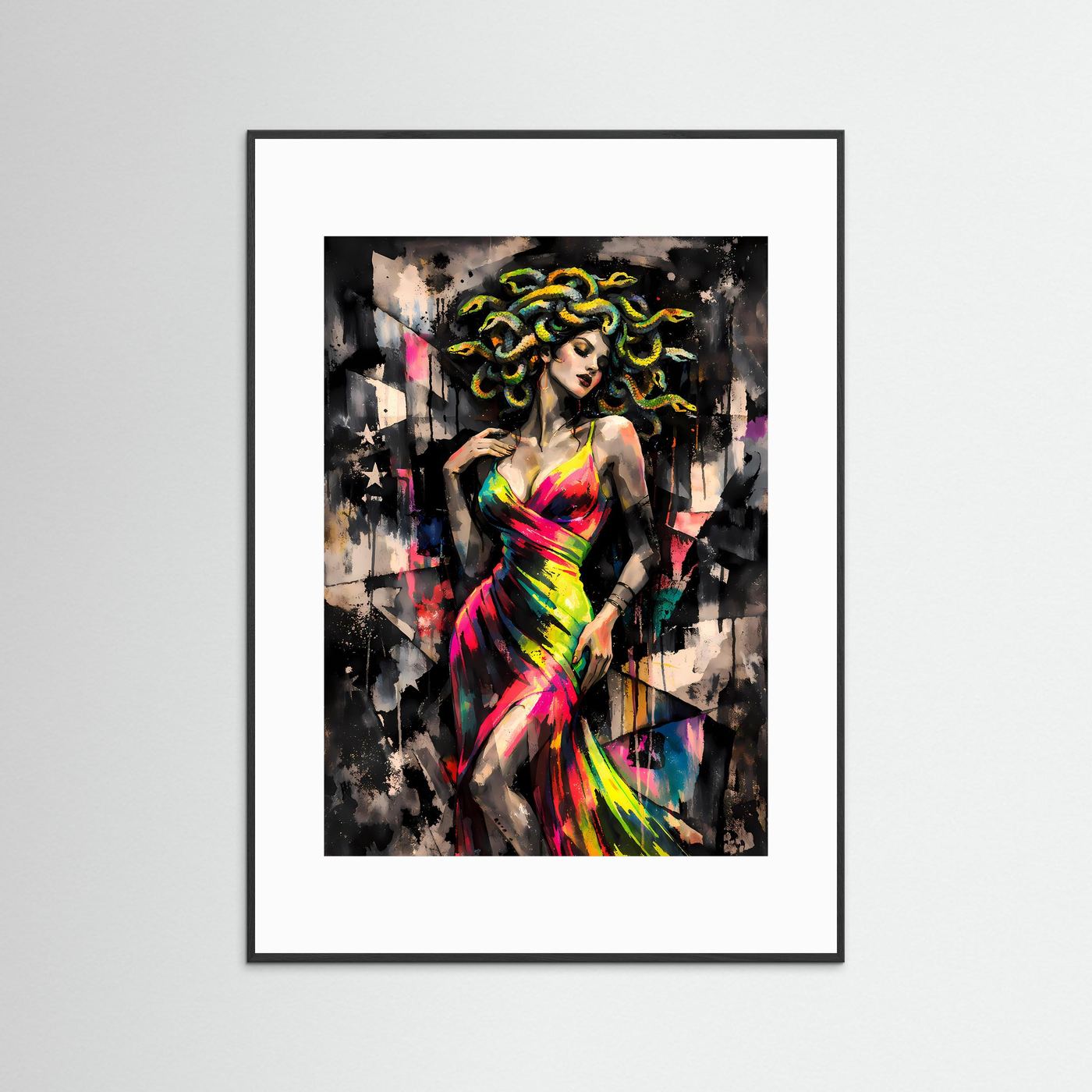 The Elegant Medusa | Luxuriöses Mythologie Poster Bunt & Dunkel | Abstraktes Medusa Kleid Kunstposter Hochformat