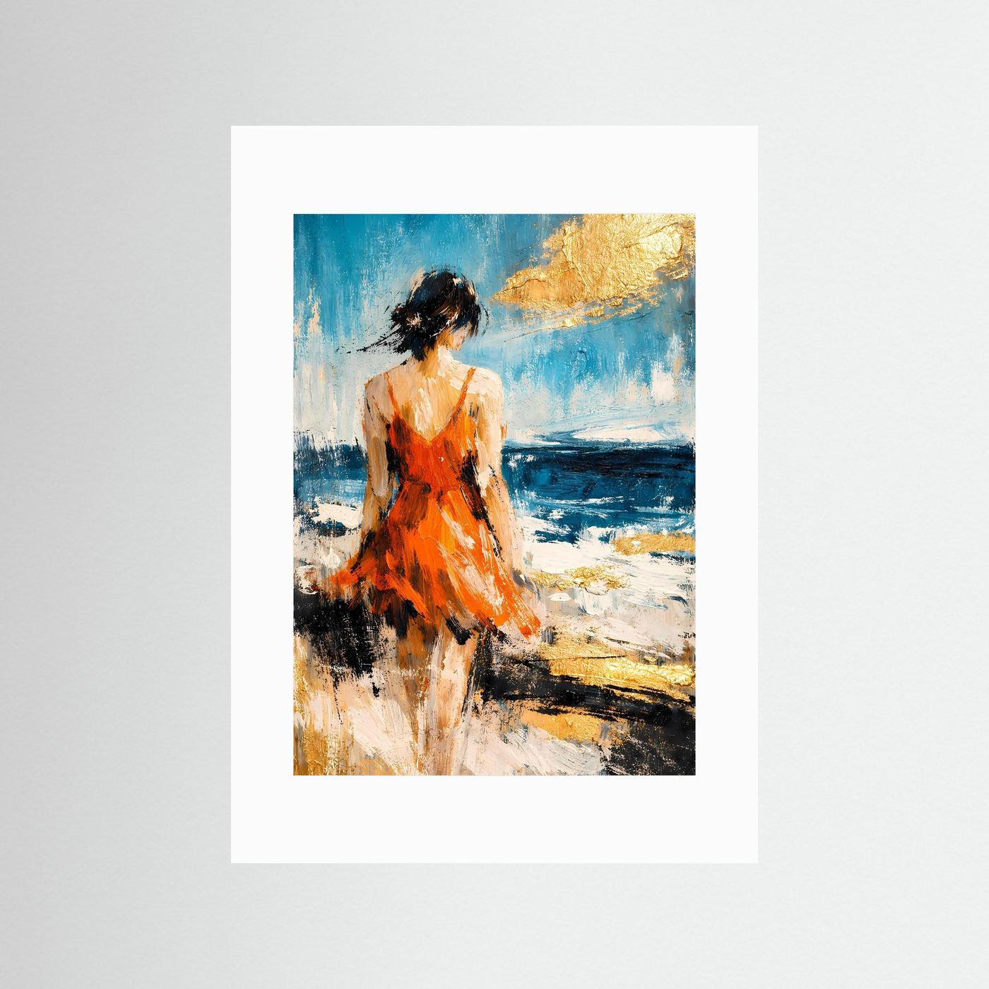Hochformatiges Kunstposter ohne Rahmen im weißen Passepartout: Frau im orangefarbenen Kleid, Blau, Gold.