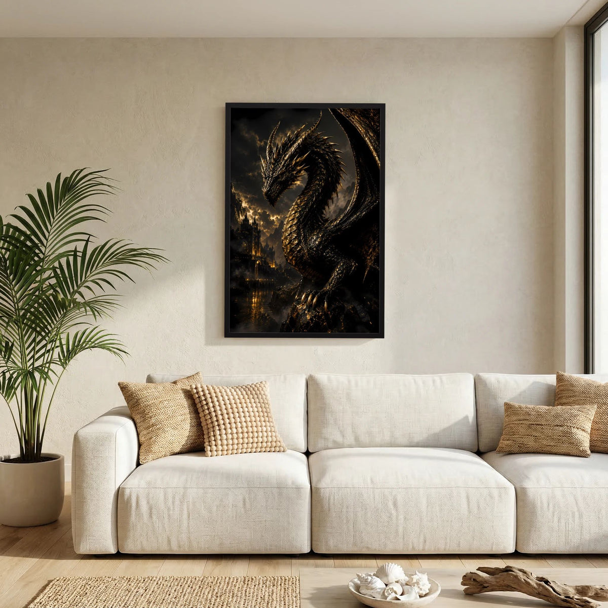 Poster im schwarzen Rahmen mit schwarzem Drachen und goldenen Details