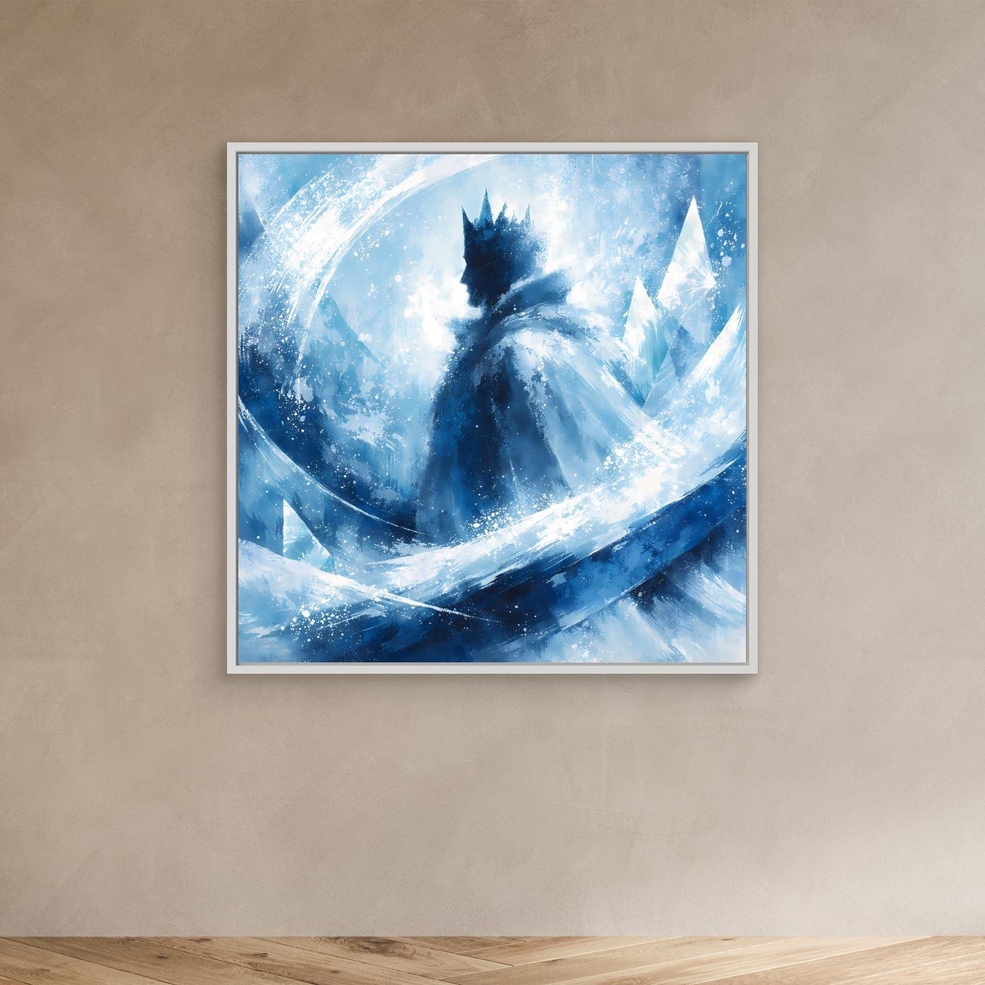 Leinwandbild mit abstraktem Wintermotiv Blau im weißen Rahmen, Eiskönigin-Silhouette