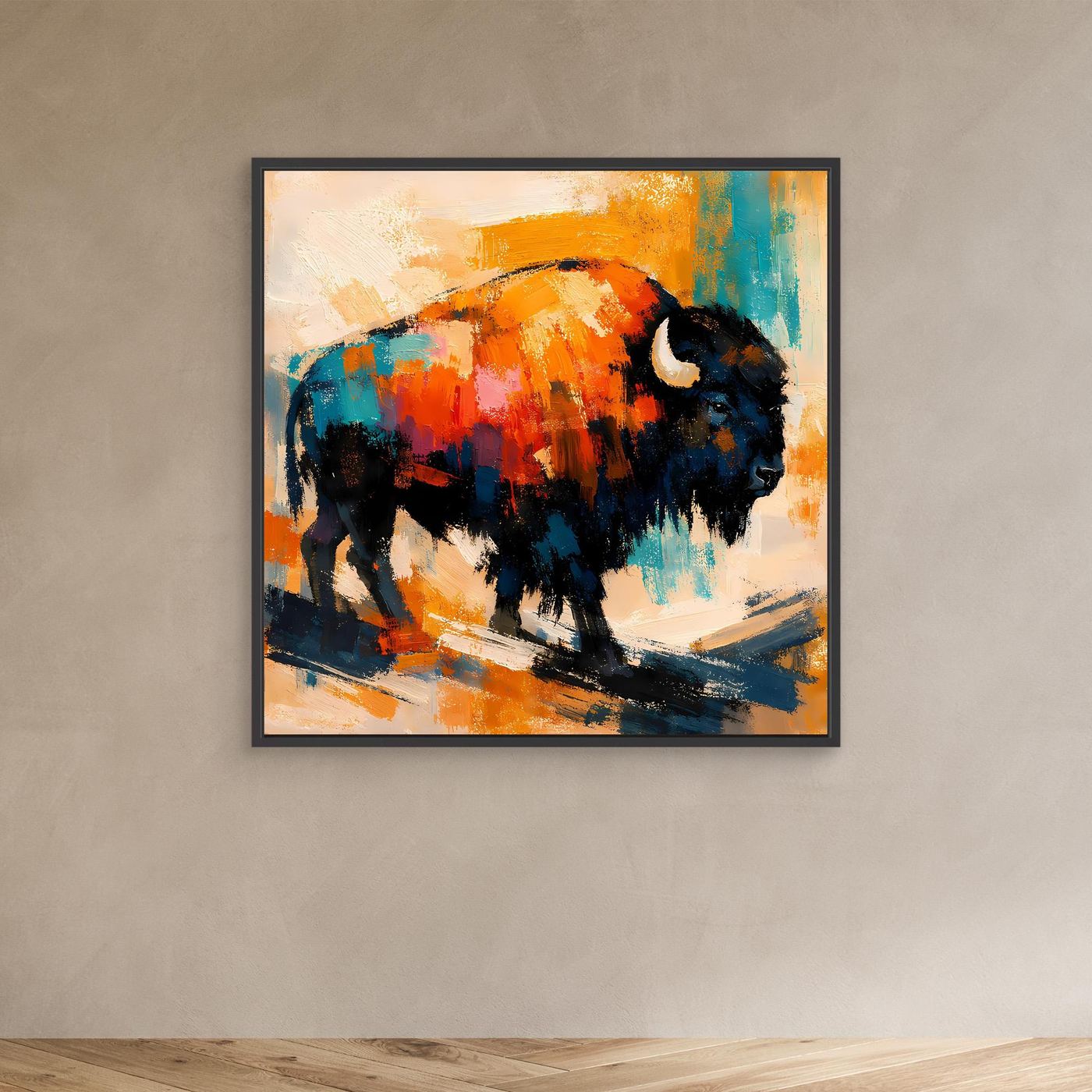 Black-framed modern abstract bison wall art with orange, teal, and dark blue brushstrokes