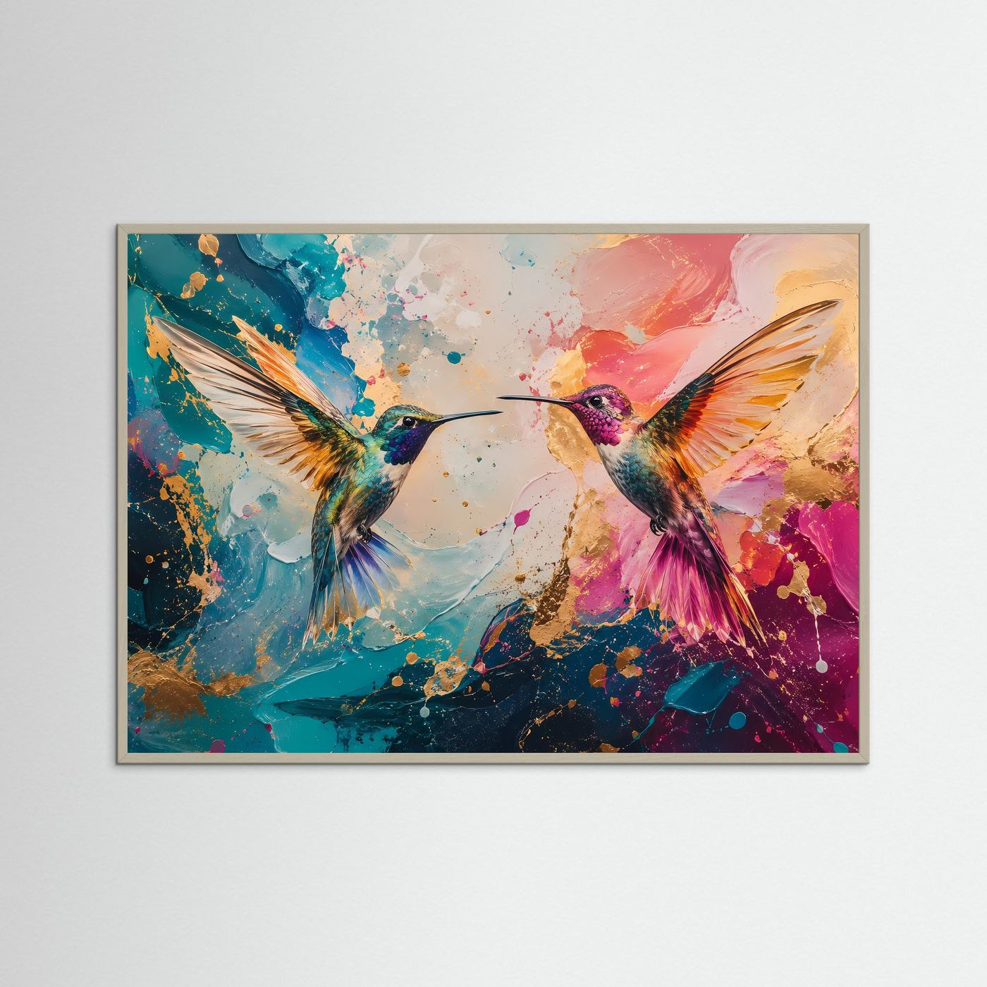 Zwei Kolibris im Farbspiel | Modernes Wandbild & Kunst-Poster mit Goldakzenten