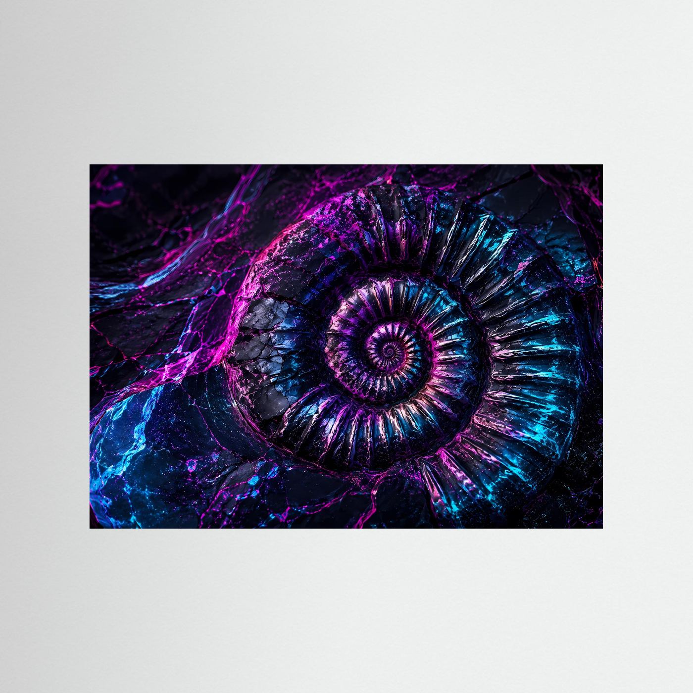 Neon Ammonit Fossil | Abstrakte Muschel in Lila & Blau
