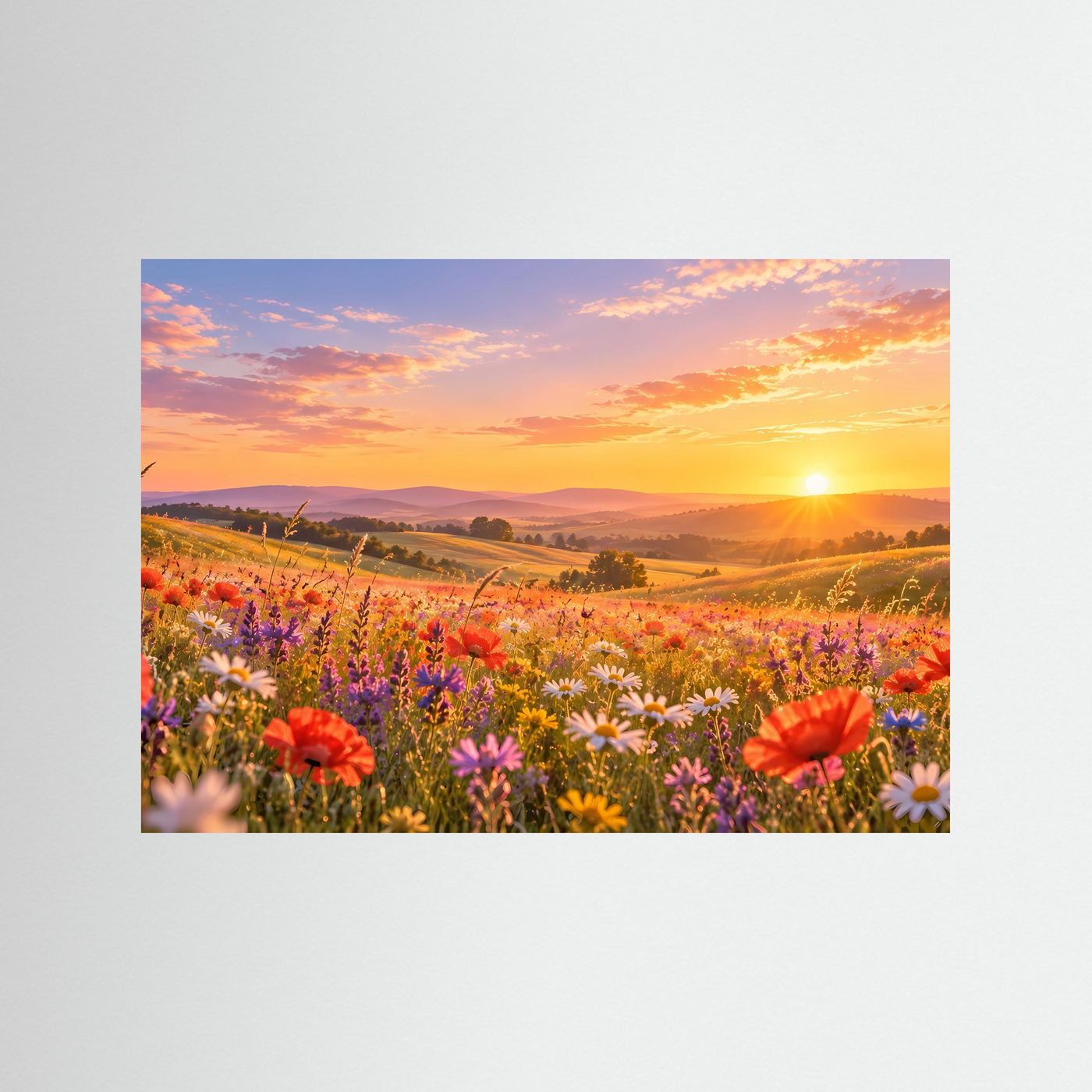 Blumenwiese-Poster mit roten Mohnblumen, Wildblumen und untergehender Sonne im Landschaftsbild