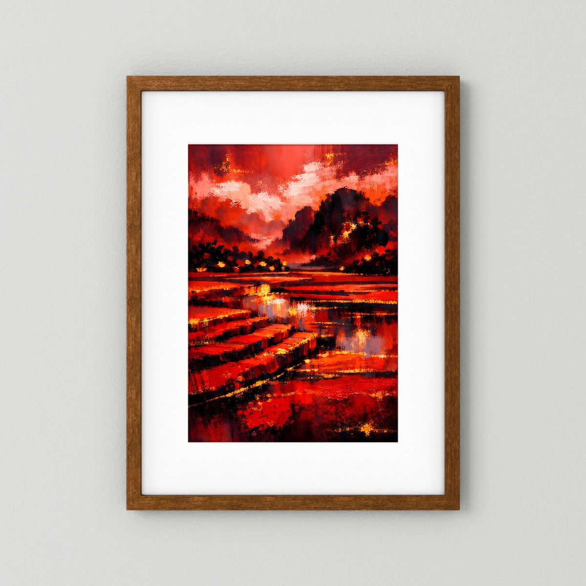 Kunstposter Hochformat mit braunem Holzrahmen und weißem Passepartout, Rot-Schwarz-Landschaft