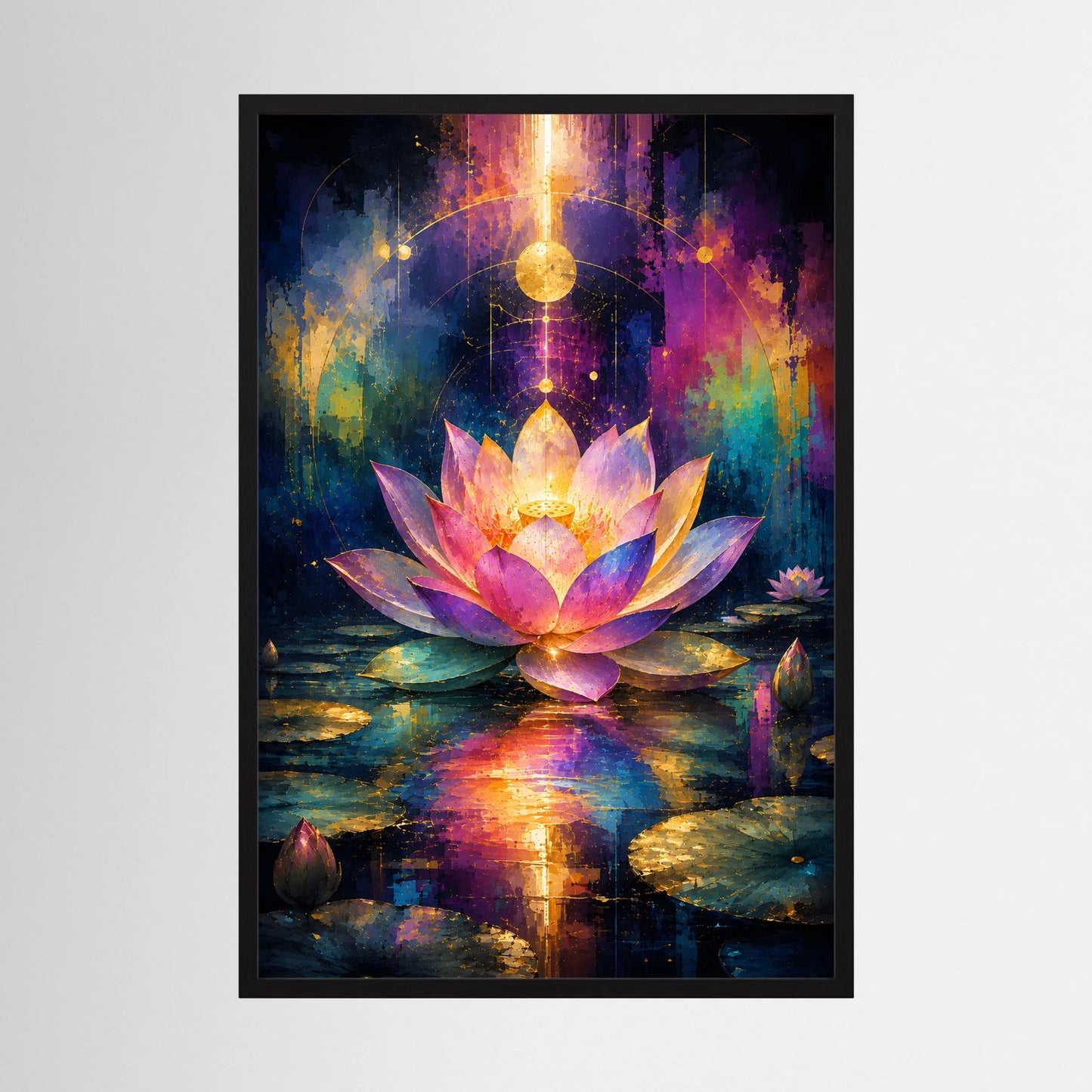 Wandbild mit schwarzer Einfassung, leuchtende Lotusblüte in Pink und Gold, spiegelt sich im Wasser
