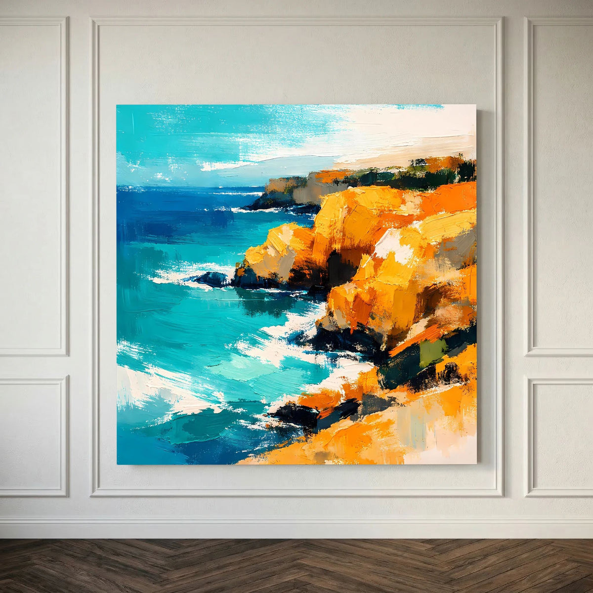Leinwand Abstraktes Steilküsten Gemälde | Modernes Mediterranes Meeres Wandbild Blau Gelb