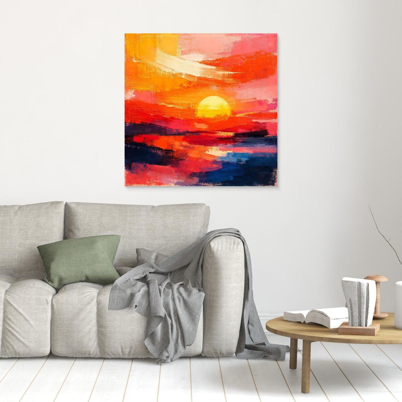 Abstract sunset seascape canvas wall art; yellow sun over orange clouds and dark blue sea