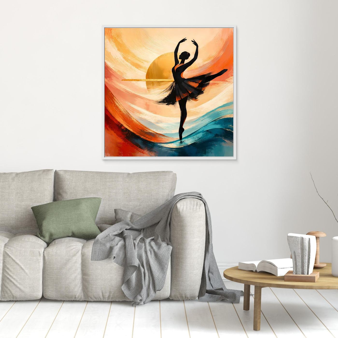 Wandbild mit Ballerina-Silhouette, abstrakten Pinselstrichen in Orange/Türkis, beige gerahmt