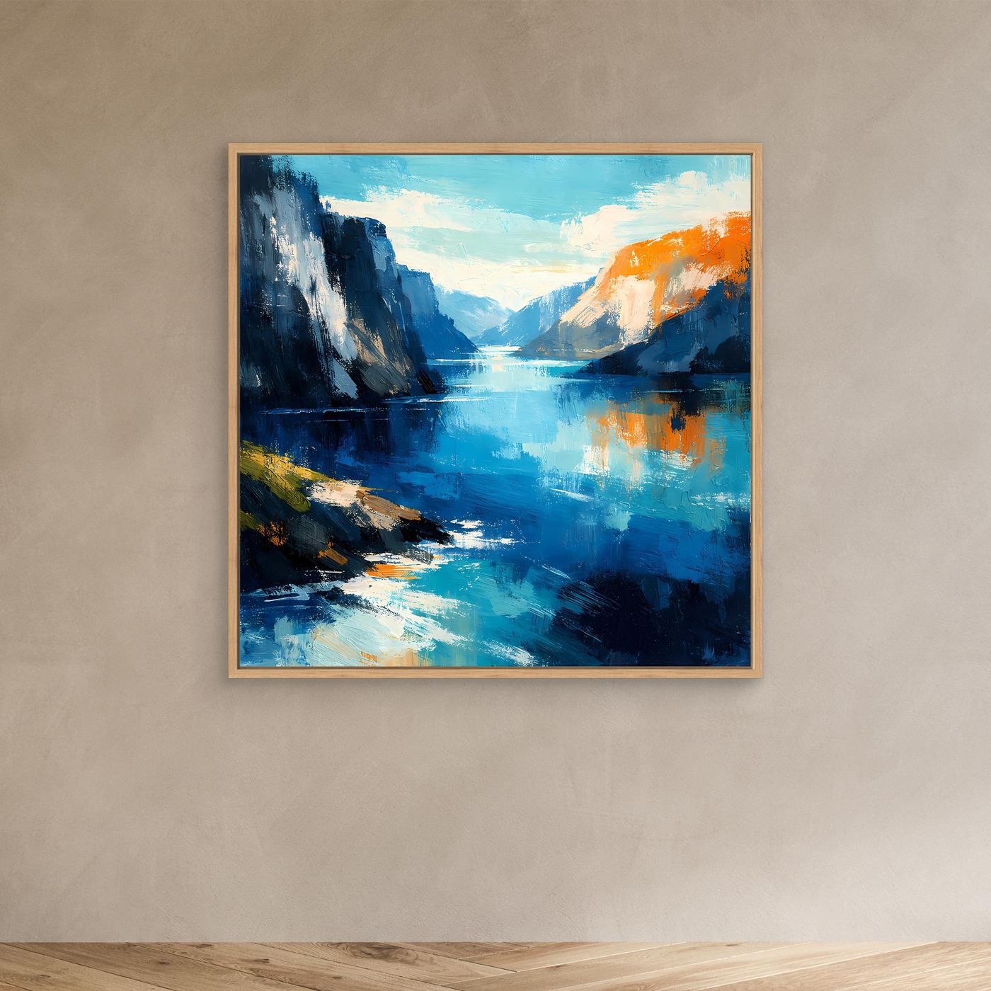 Leinwand Abstraktes Fjord Gemälde | Modernes Norwegisches Wandbild Blau Orange