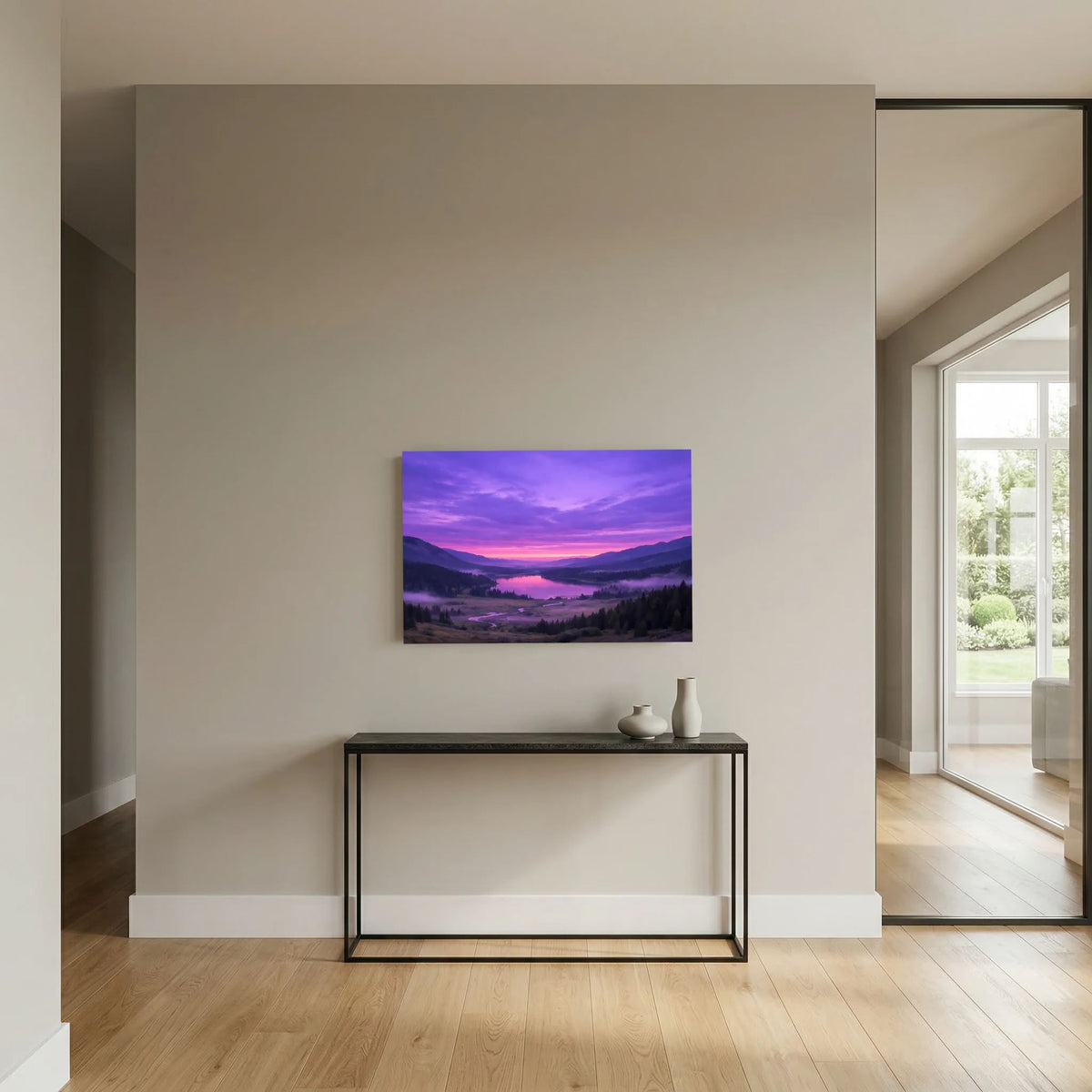 Wandposter im Querformat mit pink-violettem Himmel über Flusstal