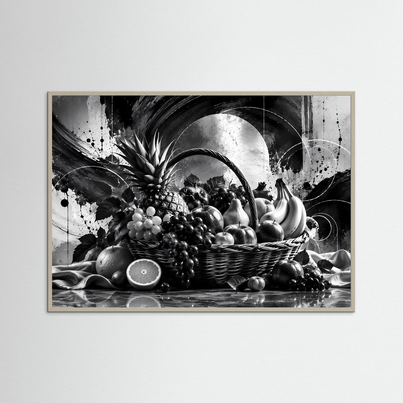 Schwarz-Weiß Obstkorb Poster | Modernes Stillleben Wandbild | Monochrome Früchte Kunst | Elegante Küchen Deko | Abstrakte Wall Art