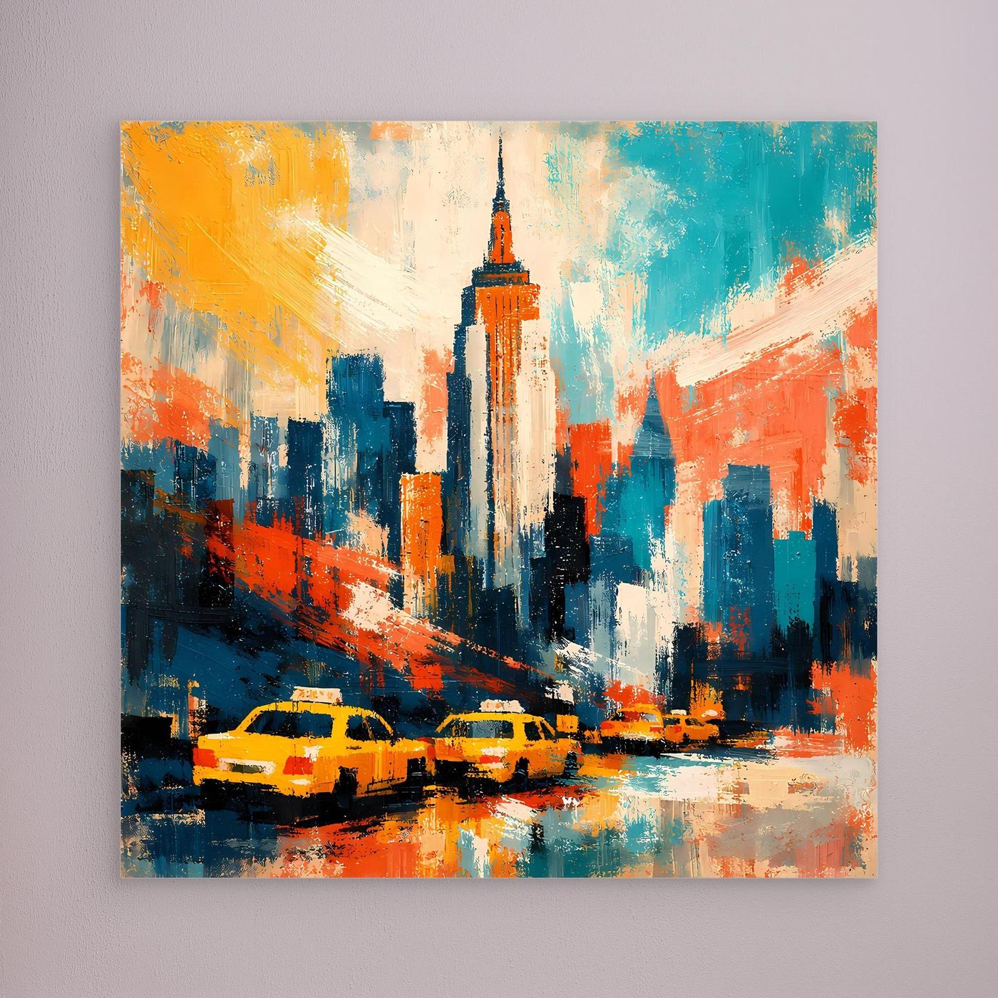 Abstraktes Leinwand-Wandbild mit Skyline und gelben Taxis, ohne sichtbaren Rahmen
