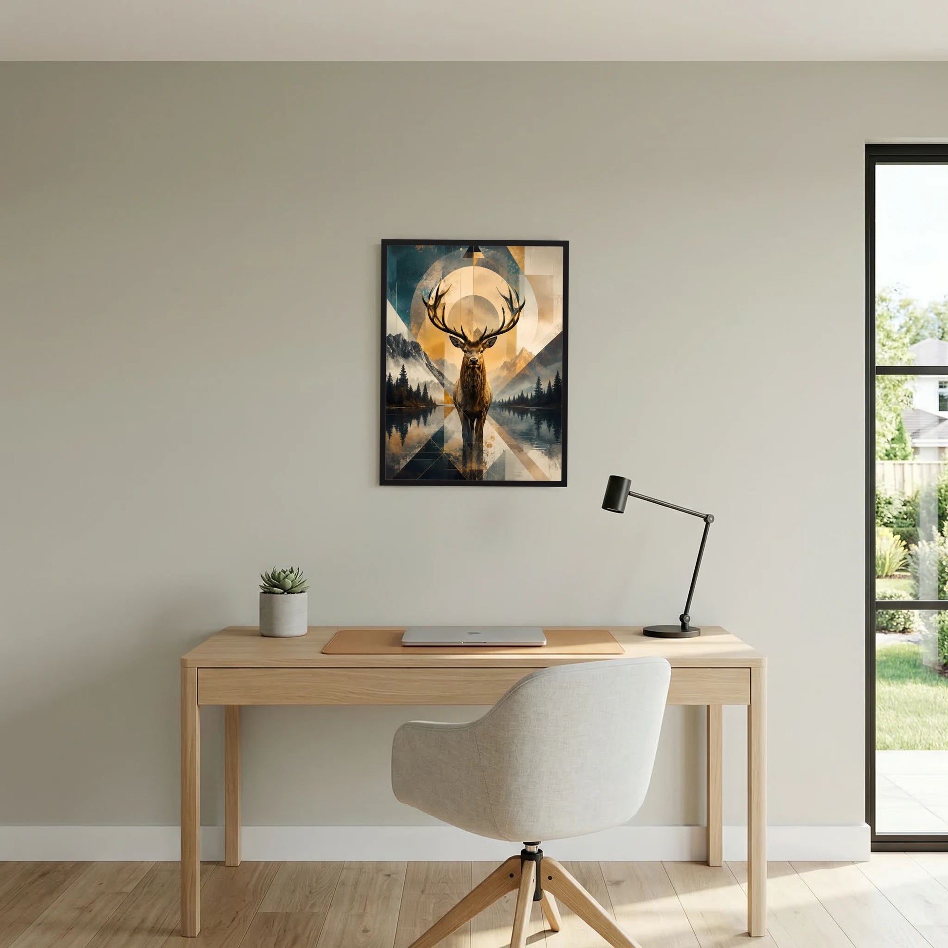 Hochformat-Poster mit Hirschmotiv über Bergsee, geometrische Flächen in Gold, schwarz gerahmt