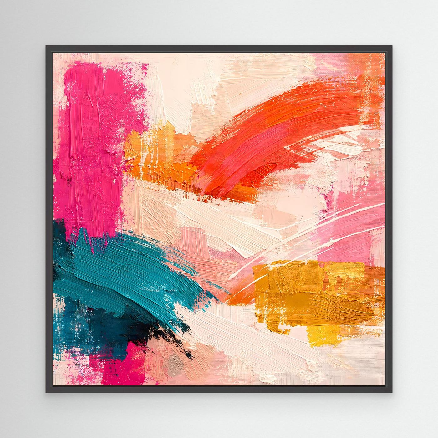 Leinwand-Wandbild mit abstrakter Komposition in Pink, Orange und Petrol, schwarz gerahmt
