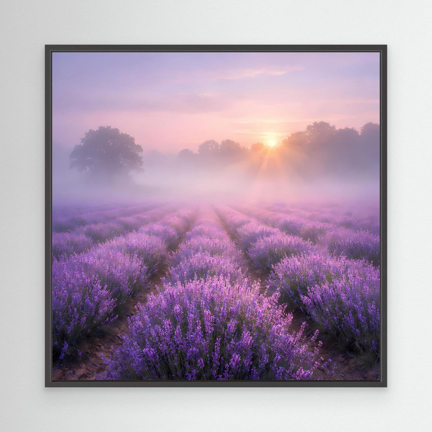 Rechteckiges Leinwandbild mit Lavendelfeld im Nebel und Sonnenaufgang, schwarzer Rahmen