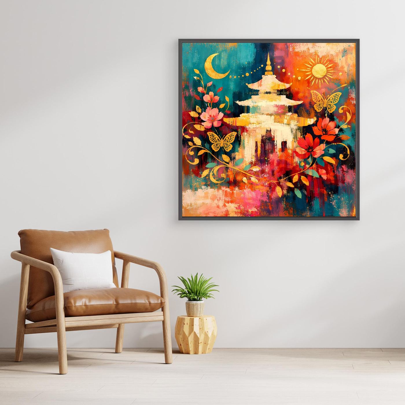 Gerahmtes Leinwandbild mit goldener Pagode, Schmetterlingen und bunten Blumenranken
