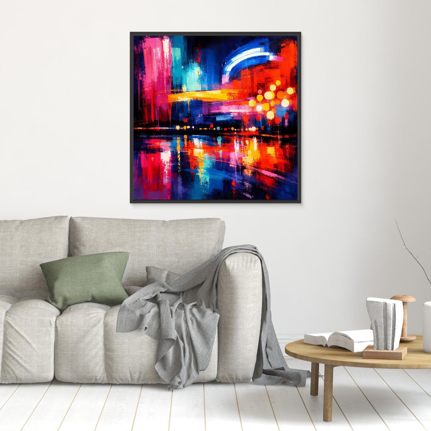Abstraktes Leinwandbild mit Stadt-Skyline, Lichterscheinungen und Spiegelungen, schwarz gerahmt