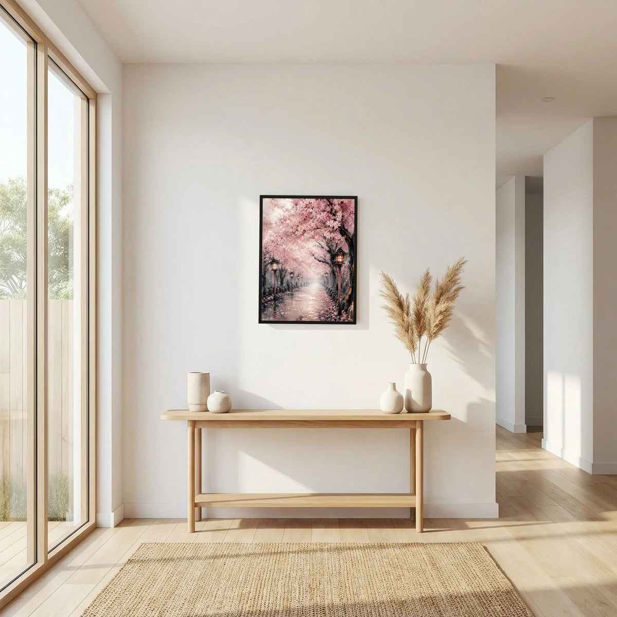 Wandposter im schwarzen Rahmen mit rosa Kirschblütenallee und Laternen, Hochformat