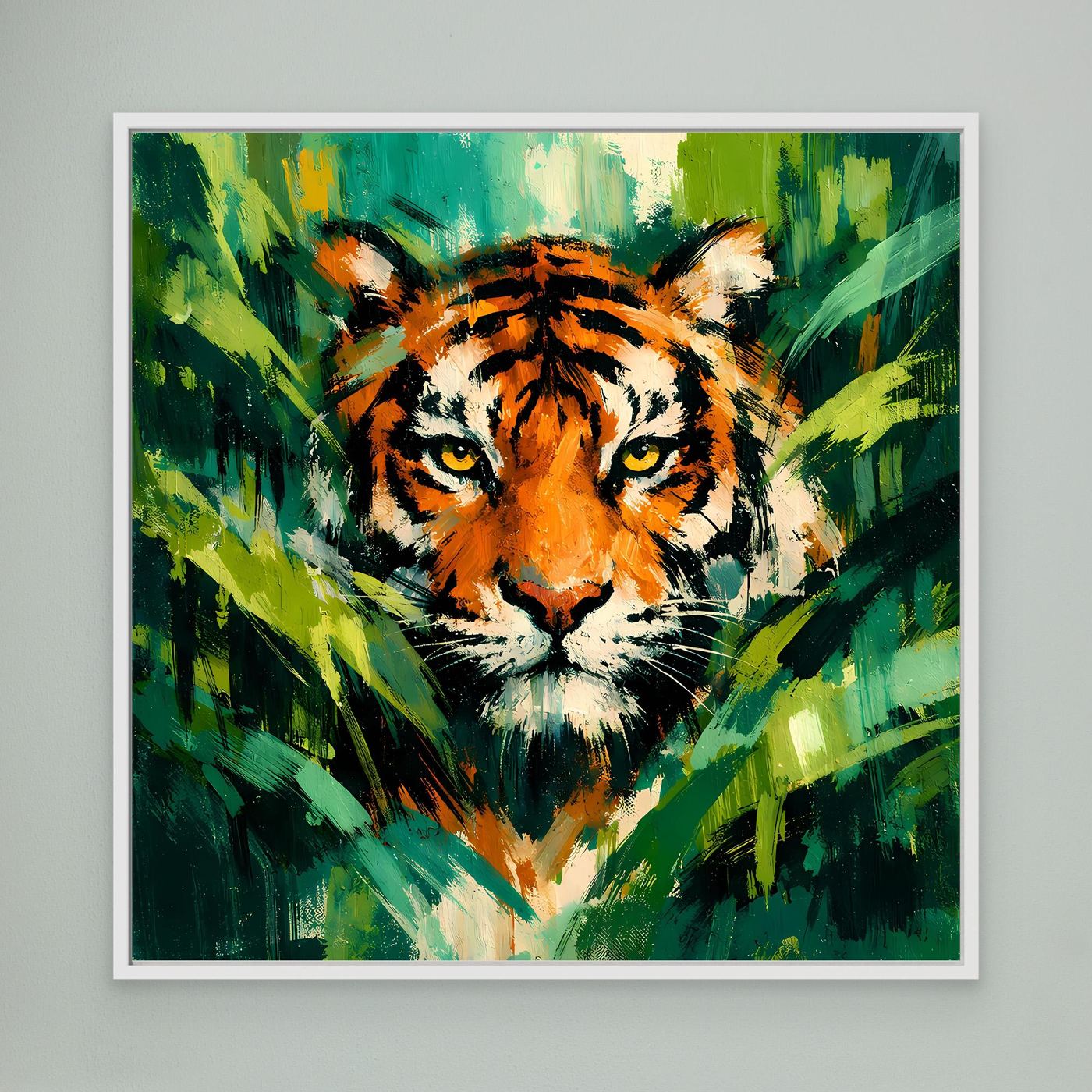 Leinwand Abstraktes Tiger Gemälde | Modernes Wandbild Raubkatze Dschungel Grün Orange