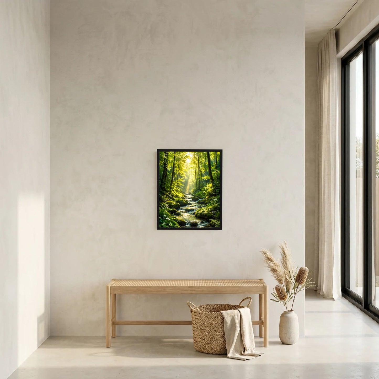 Kleines Poster im dunklen Rahmen mit Waldbach im grünen Wald und Lichtstrahlen
