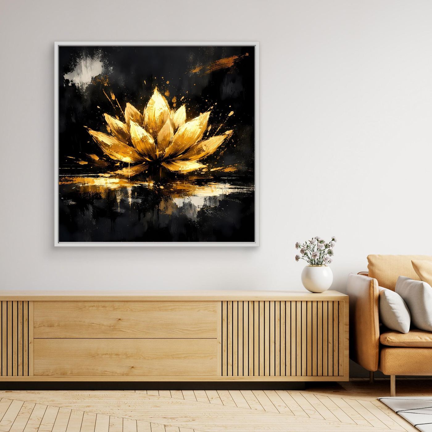 Leinwand Goldene Lotusblüte Abstrakt | Modernes Lotus Wandbild Schwarz Gold